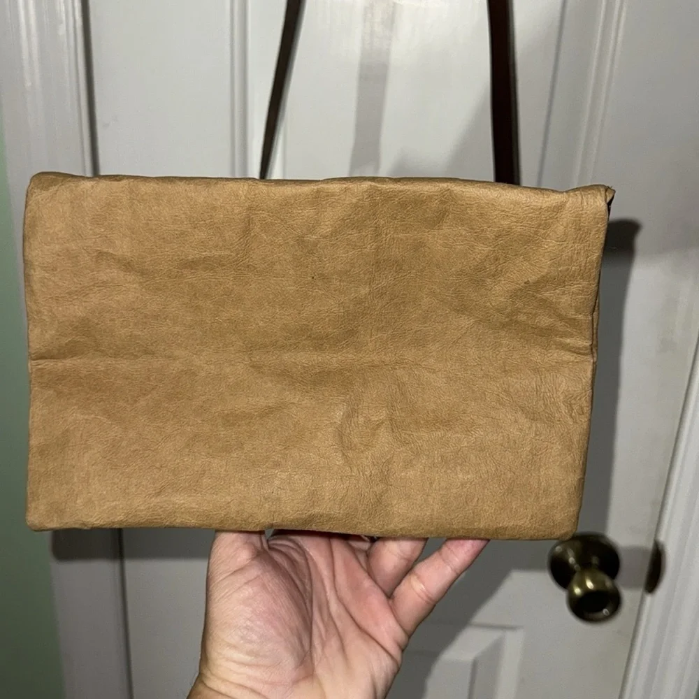 Eco-Beige Brown Leather-Trimmed Brown Paper Bag Crossbody Bag Recycled 9x11x5.5 - Picture 7 of 11